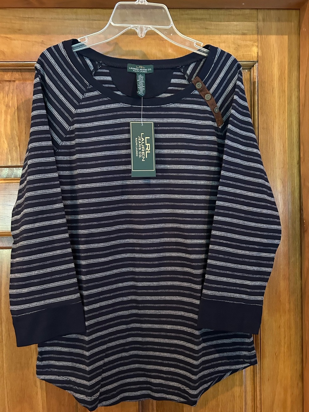 Lauren Jeans Company Navy and Cream Striped Button-Shoulder 3/4 Sleeve Tee